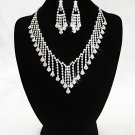 Silver Dangle Jewelry set; Bridal Necklace Set;Rhinestone Wedding Clip Earring Necklace #3437
