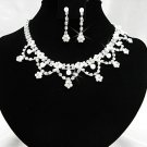Silver Floral Pearl ewelry set; Bridal Necklace Set;Rhinestone Wedding Clip Earring Necklace #3875