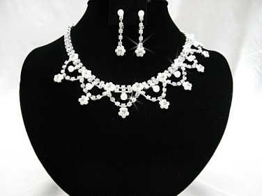 Silver Floral Pearl ewelry set; Bridal Necklace Set;Rhinestone Wedding Clip Earring Necklace #3875