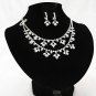 Silver Floral ewelry set; Bridal Necklace Set;Rhinestone Wedding Clip Earring Necklace #3886
