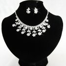 Silver Floral ewelry set; Bridal Necklace Set;Rhinestone Wedding Clip Earring Necklace #3888