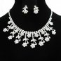 Silver Floral ewelry set; Bridal Necklace Set;Rhinestone Wedding Clip Earring Necklace #3888