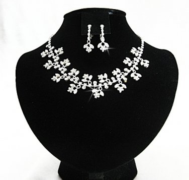 Silver Floral ewelry set; Bridal Necklace Set;Rhinestone Wedding Clip Earring Necklace #3894