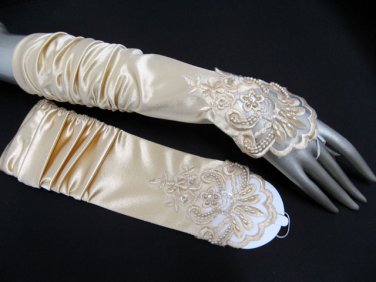 Ivory Finger-less Bridal Gloves ;Satin Elbow Pleat Bride Gloves #14i
