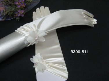 Ivory Bridal Gloves ;Satin Elbow Organza Floral Pearl Bride Gloves #51i