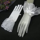 Crochet White cute bow Bridal Gloves ;Fancy organza Wrist Bride Gloves #5i