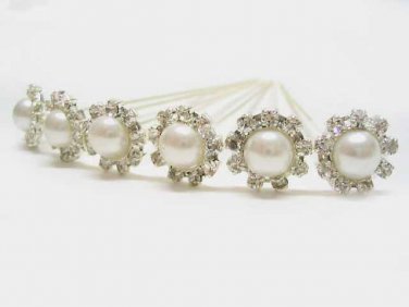 6 PCS BRIDAL HAIRPIN; SILVER DELICATE RHINESTONE PEARL WEDDING HAIR PIN #1160