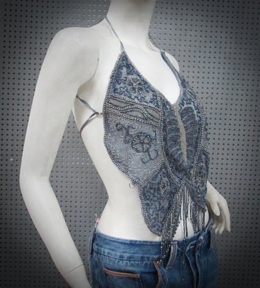 Sexy Beaded Halter Top ; Grey butterfly woman hippie top; fashionable beaded dancing belly top#28