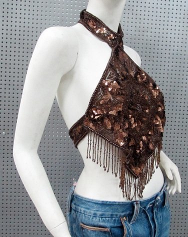 Sexy Beaded Halter Top ; Floral woman hippie top; fashionable sequin beaded dancing belly bar top#18