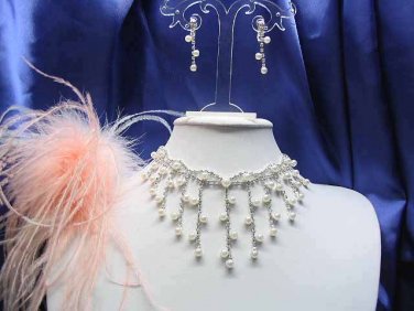 Dangle Pearl Wedding clip Choker set ;Bridal Tiara;Bridesmaid accessories;Bride Necklace set#050