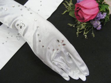 elegance White satin bridal gloves; rhinestones wedding gloves;opera;dancer Accessories #88w