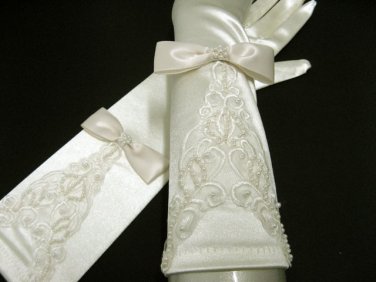Ivory Elbow cute bow Bridesmaid gloves;Dancer Opera Accessories;Bridal #57i