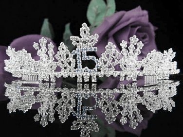 Fancy Sweet Happy Birthday 15 Silver Rhinestone tiara; Headpiece;Dancer regal;Girls Tiaras #1059