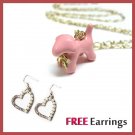 Combo Set - Classy Sweet Pink Dog Necklace & Heart Earrings Fashion Jewelry