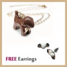 Combo Set - Classy Sweet Brown Dog Necklace & Flying Heart Earrings Fashion Jewelry