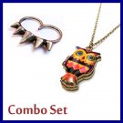 Combo Set - Colorful Owl Locket Necklace & Spike Ring Fashion Jewelry