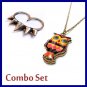 Combo Set - Colorful Owl Locket Necklace & Spike Ring Fashion Jewelry