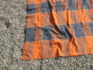 Handmade Cotton Throw Blanket in Orange and Blue Plaid