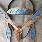 WESTERN LEATHER HORSE BRIDLE HEADSTALL BREAST COLLAR TAN W/ BLUE INLAY - SWHILAS-HSZT120-a1