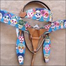 T60 WESTERN LEATHER HORSE HEADSTALL BRIDLE BREAST COLLAR SET FUN PRINT - SWHILAS-HSZT160