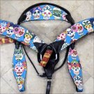 WESTERN LEATHER HORSE BRIDLE HEADSTALL BREAST COLLAR FUN PRINT BLACK - SWHILAS-HSZT160BK
