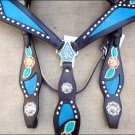 WESTERN LEATHER HORSE BRIDLE HEADSTALL BREAST COLLAR SET FLORAL BROWN TURQUOISE - SWHILAS-  HSZT168