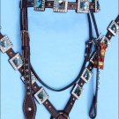 WESTERN LEATHER HORSE HEADSTALL BREAST COLLAR BROWN BLUE BLING CONCHO - SWHILAS-