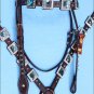 WESTERN LEATHER HORSE HEADSTALL BREAST COLLAR BROWN BLUE BLING CONCHO - SWHILAS-