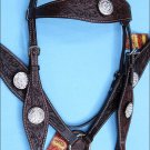 WESTERN LEATHER HEADSTALL BREAST COLLAR BROWN AB CRYSTAL BLING CONCHO - BHPA442DBCN043