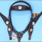 WESTERN LEATHER HEADSTALL BREAST COLLAR BROWN AB CRYSTAL BLING CONCHO - BHPA442DBCN043