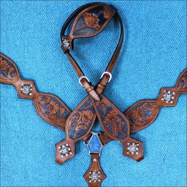 WESTERN LEATHER HORSE ONE EAR HEADSTALL BREAST COLLAR MAHOGANY BLACK BLING CONCHO -  HSZT149MBK1