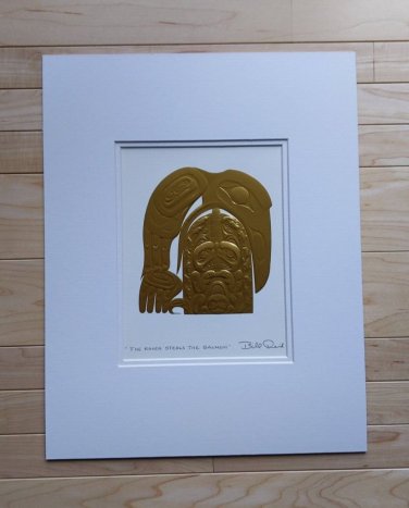 The Raven Steals the Salmon Gold Embossed by Bill Reid 11"x14" Matted Art Print
