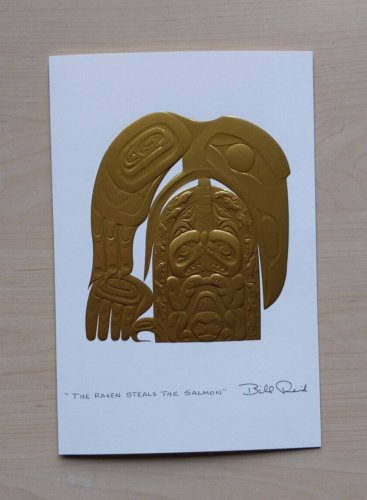 The Raven Steals The Salmon Gold Embossed Bill Reid Art Card Haida Native