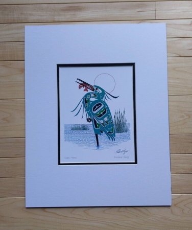 Green Heron by Richard Shorty  11"x14" Matted Art Print Tutchone Native