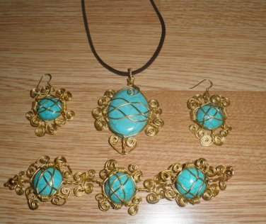 handmade alminium gold wired turquoise necklace,bracelet,earrings set.