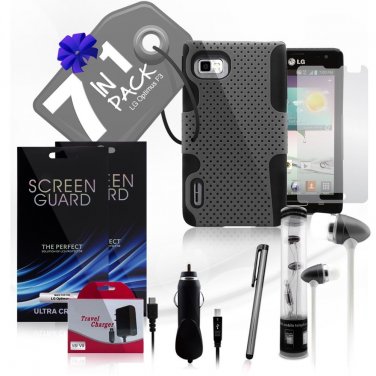 Hybrid Hard and Soft Mesh Protective Grey Case for LG Optimus F3 7 Piece Bundle