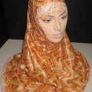 XL Long Polyester Amira Hijab 2 Pcs Peach and Brown Zig-Zag Print with Lace Edge