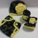 Crochet Dark Camo and Floral Diaper Cover Set in Bright Yellow with Hat, Booties Newborn 0-3 Months