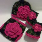 Crochet Dark Camo and Floral Diaper Cover Set in Dark Pink with Hat, Booties Newborn 0-3 Months