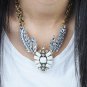 Resin Wing Feather Rhinestone Statement Necklace Chunky Metal Chain