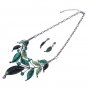 Vintage Metal Leaf Rhinestone Statement Necklace Earrings Jewelry Set