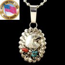 Native American Genuine Turquoise Coral Sterling Silver Eagle Pendant