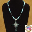 Turquoise Star Burst Cross Pendant Complimentary Hand Strung Necklace