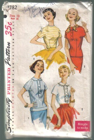 Simplicity 1782 4 Blouse / Overblouse Vintage Pattern Size 13 Bust 33