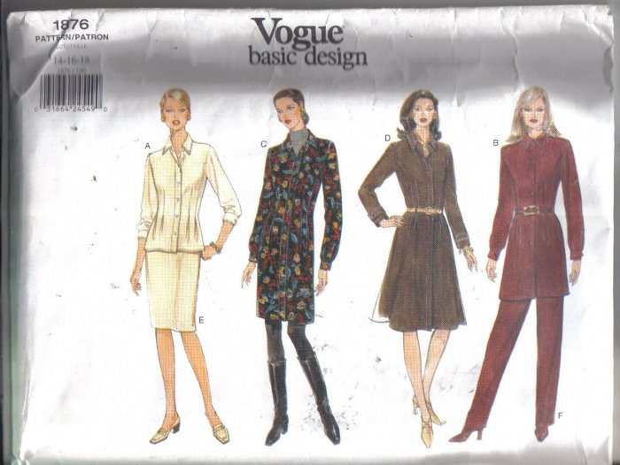 Vogue 1876 Basic Design Dress, Top, Tunic, Skirt and Pants Pattern Sizes 14 16 18 uncut