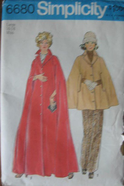Simplicity   Cape in 2 Lengths Sewing Pattern  Size 16,18  Uncut No. 6680