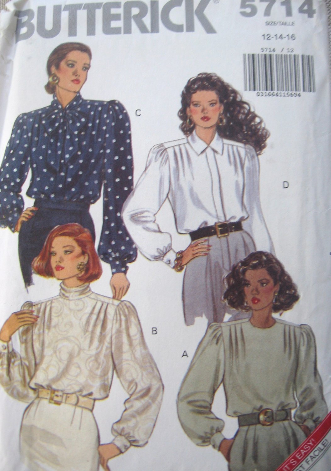 Butterick  5714 Misses'  Blouses Sewing Pattern sz 12 14 16  Uncut