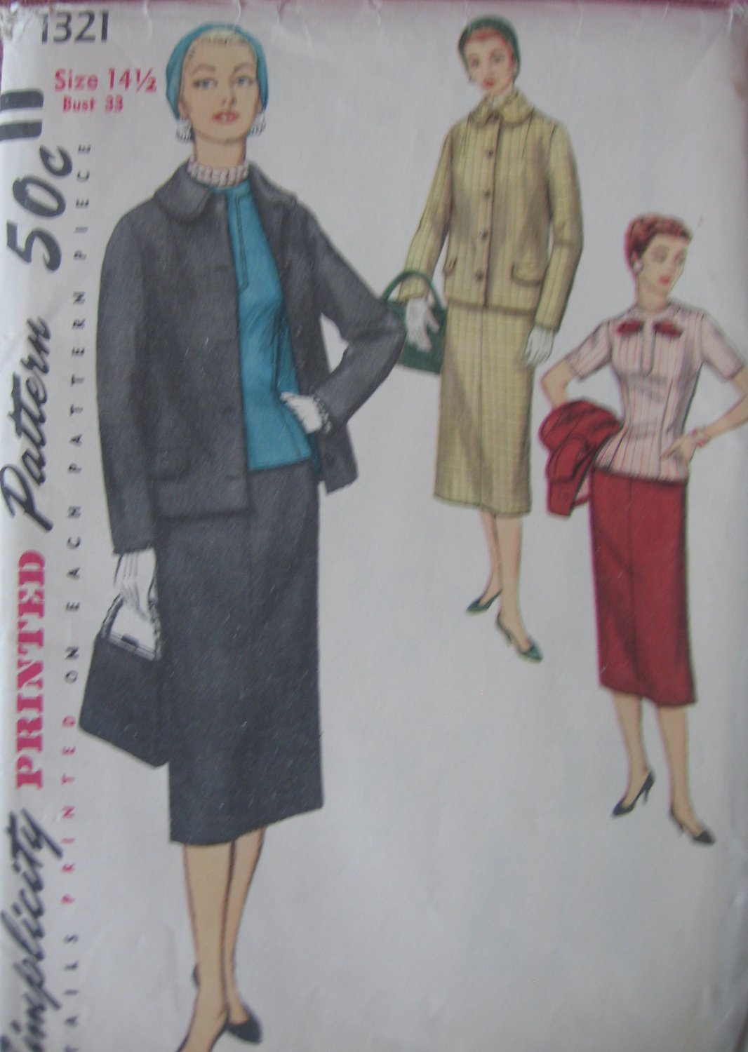 Vintage 3 Piece Suit Jacket Skirt Overblouse Pattern Simplicity 1321 sz 14 1/2
