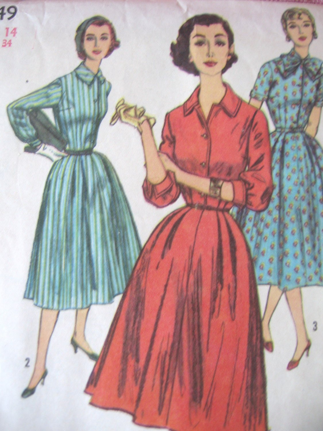 Vintage Shirt Dress Flared Skirt Sewing Pattern Simplicity 1749 sz 14