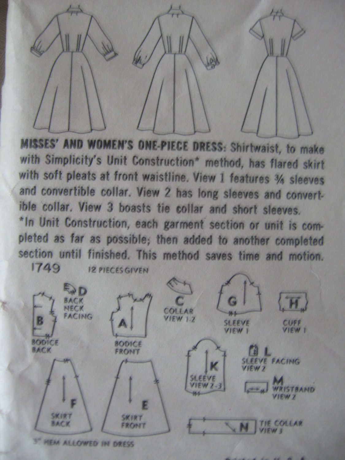 Vintage Shirt Dress Flared Skirt Sewing Pattern Simplicity 1749 sz 14
